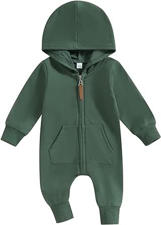 AEEMCEM Newborn Baby Boy Girl Clothes Solid Color Zip Up Long Sleeve Hooded Romper Jumpsuit Coverall Fall Winter Outfit