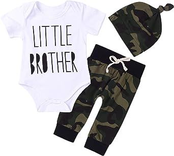 MEKILYN 3Pcs Baby Boys Little Brother Camouflage Romper Tops+Pants Leggings+ Hat Outfits Set