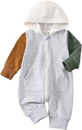 BemeyourBBs Newborn Baby Boy Clothes Color Block Long Sleeve Zipper Hooded Romper with Pocket Fall Winter One Piece Outfits