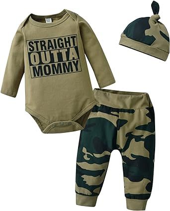 KuKitty Newborn Infant Baby Boy Clothes Long Sleeve Romper + Pants + Hat 3PCS Outfits Set