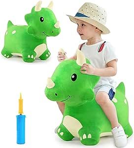 iPlay, iLearn Bouncy Pals Dinosaur Hopper Toy 2 Year Old Boy, Toddler Plush Bounce Animals, Ride on Bouncing Triceratops for Kids 2-4, Outdoor Hopping Horse Bouncer, Cool Birthday Gifts 3 5 6 Yr Girls