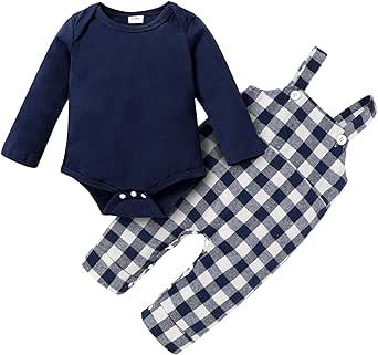 YOUNGER TREE Newborn Baby Boy Clothes Long Sleeve Romper Cute Plaid Overall Pants Infant Boys Clothing Outfit for 0-18M
