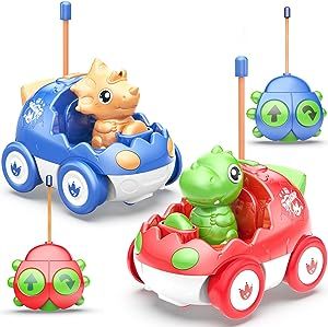 Yeaye Toddler Remote Control Car, 2 Pack RC Cartoon Cars for Toddlers 18 Months LED&Music, Toddler Toys for Kids Age 2 3 4 5 Years Old, Birthday Gift for Boys Girls Age 2-4 Years Old(Blue Red)