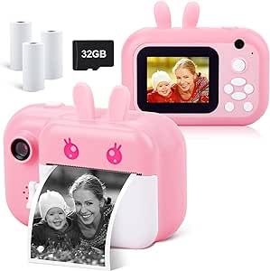 MINIBEAR Instant Digital Camera for Girls Toddler Camera with Print Paper, 40MP Kids Child Selfie Video Camera Toy Camera Kids Camcorder 2.4 Inch Screen and 32GB TF Card (Pink)