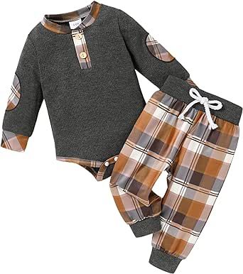 Happy Town Baby Boy Clothes Fall Ribbed Knitted Cotton Romper and Plaid Long Pants Newborn Boy Outfits Winter