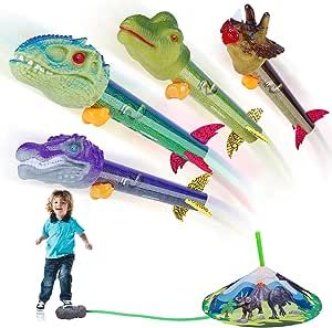 Dinosaur Rocket Launcher for Kids - Launch Up to 100 Ft, 4 Dinosaur Rockets, Outdoor Outside Toys for Kids, Dinosaur Toys, Birthday Toys for 3 4 5 6 7 Year Old Boys Girls