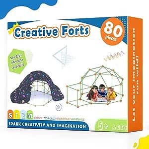 Tiny Land Kids-Fort-Building-Kit-80 Pieces-Creative Fort Toy for 5,6,7,8 Years Old Boy & Girls-STEM Building Toys DIY Castles Tunnels Play Tent Rocket Tower Indoor and Outdoor Playhouse