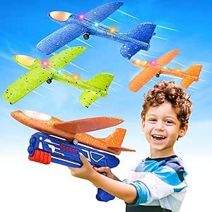 Fuwidvia 3 Pack Airplane Launcher Toys, 2 Flight Modes LED Foam Glider Catapult Plane Toy for Boys, Outdoor Flying Toys Birthday Gifts for Boys Girls 4 5 6 7 8 9 10 11 12 Year Old