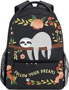 Wamika Funny Cute Sloth Tree Flowers Kids Backpack School Bookbags Daypack Bag Follow Yours Dreams Water Resistant, Sloth Cat Tropical Floral Bags Children Backpack for 1th- 6th Grade Girls Boys