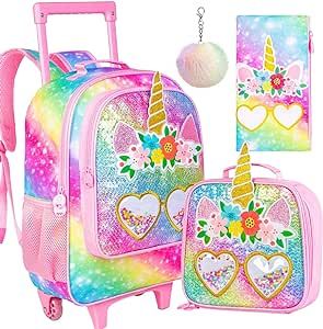 ZLYERT 3PCS Rolling Backpack for Girls, Unicorn Roller School Bag with Wheels for Kids, Wheeled Bookbag with Lunch Box for Children - Pink