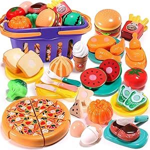Cutting Play Food Toy for Kids Kitchen Set,Pretend Cooking Fruits&Vegetables&Pizza Fast Food Accessories with Storage Basket,Plastic Fake Food,Educational Gift for Toddler Girls Boys Birthday