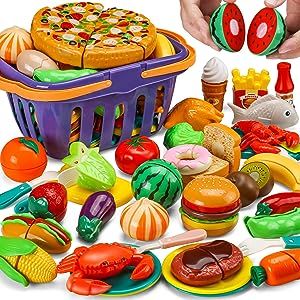 42 Items 87 Pcs Cutting Play Food Toy for Kids Kitchen Set,Pretend Cooking Fruit &Vegetables&Fast Food with Storage Basket,Fake Food for Toddler&Baby,Educational Gift for Girls Boys Children Birthday