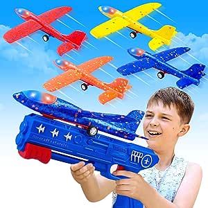 LJZJ 4 Pack Airplane Launcher Toys, 2 Flight Modes LED Foam Glider Catapult Plane Toy, Outdoor Flying Toy for Kids, Birthday Gifts for Boy Girl 4 5 6 7 8-12 Year Old, Airplane B-Day Party Supplies