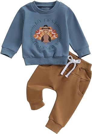 Lamuusaa Thanksgiving Baby Boy Outfit Gobble Long Sleeve Crewneck Sweatshirt and Long Pants 2Pcs Fall Clothes 0-3T