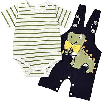 TOKIAGO Baby Boy Clothes Newborn Outfits Stripe Romper Infant Cute Cartoon Overall Adjustable Suspender Pants Set 0-18 Months