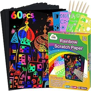 ZMLM Scratch Paper Art Set: 60Pcs Magic Drawing Art Craft Kid Black Scratch Off Paper Supply Kit Toddler Preschool Learning Bulk Toy for Age 3 4 5 6 7 8 9 10 Girl Boy Christmas Birthday Party Gift