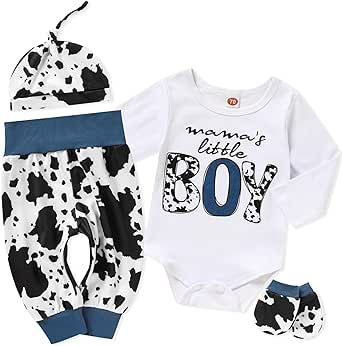 ZOELNIC Baby Boy Clothes, Newborn Letter Printed Romper Long Pants Set Hat with Cute Gloves 4pcs Toddler Outfits
