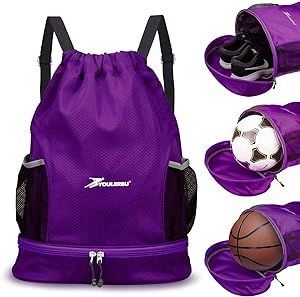 YOULERBU Dry Wet Drawstring Backpack Bag with Shoe Compartment Sackpack Heavy Duty String Bag Sports Gymsack Swim Beach Bag Purple