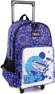 Tilami Rolling Backpack 18 inch Double Handle Wheeled Boys Girls Travel School Children Luggage Toddler Trip, Spaceship Blue
