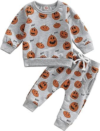 Sasaerucure Infant Toddler Baby Boy Halloween Outfits Long Sleeve Shirts Pumpkin Sweatshirt Pants 2Pcs Fall Winter Clothes