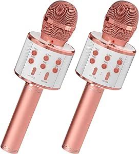 GIFTMIC 2 Pack Karaoke Microphone, Bluetooth Microphone for Singing, Wireless Microphones Toys for Girls Boys Adults, Portable Kids Microphone, 5 Year Old Girl Birthday Gift Ideas (Rose Gold)