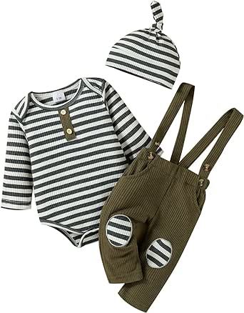 Baby Boy Clothes Newborn Fall Winter Boy Clothes Long Sleeve Striped Romper Overalls Suspender Pants Hat Clothes Set