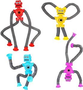 GOHEYI 4 Pack LED Pop Tubes Robot Toys, Telescopic Suction Cup Robot Toys, Robot Fidget Toys for Kids, Sensory Toys for Autistic Children, Gifts for Boys Girls