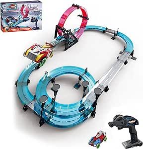 INSGEN Slot Car Race Track Sets for Kids, Hot Wheels Magnetic Attraction Track Builder, Electric Remote Control Track Car Birthday Toys for Boys Kids Age 6 7 8-12