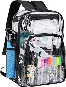 ANSUN Clear Backpack, Large Heavy Duty PVC Transparent Backpack for Kids and Adults, See Through With Reinforced Straps Clear Bookbag for School, Sports, Work, Travel, College, black