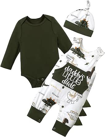 Aulyffo Newborn Baby Boy Clothes,Baby Boy Outfits Long Sleeve Romper + Overall + Hat 3PCS Dinosaur Clothes For Baby Boys