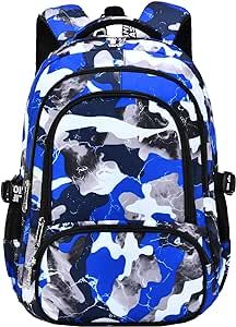 Yvechus Camo Backpack for Kids, Lightweight Camo Backpack Elementary Middle School Backpack Water Repellent Bookbag (Camo Blue)