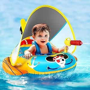 2X Thicken Pool Floats Kids with Water Gun, UPF50+ Adjustable Canopy Inflatable Pirate Boat Shaped Toddler Pool Float with Safety Seat, Durable Pool Toys for Kids Ages 2-10 for Boys and Girls