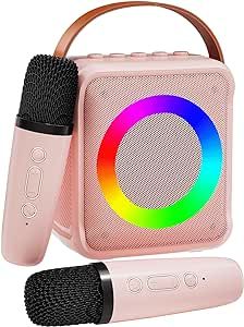 VERKB Mini Karaoke Machine for Kids Adults, Portable Bluetooth Speaker with 2 Wireless Microphones, Microphone Speaker Set with LED Disco Lights for Home Party, Birthday Gifts for Girls Boys Kid(Pink)