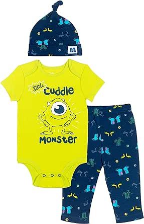 Disney Pixar Toy Story Monsters Inc. Lion King Mickey Mouse Mike Baby Bodysuit Pants and Hat 3 Piece Set Newborn to Infant