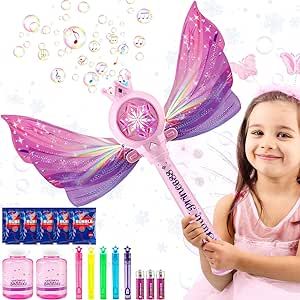 Dolanus Bubble Wands for Kids Girls - Bubble Machine with 7 Bubble Solutions & 3 AA Batteries, LED Light & Music, Outdoor Party Birthday Toddler Girl Toys, Gift for 3 4 5 6 7 8 Year Old