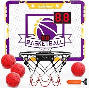 Kids Basketball Hoop Indoor, 4 Balls Mini Basketball for Boy Girl with Electronic Scoreboard Suction Cup, Door Room Wall Mounted Basketball Hoop Goal Toy Gift for Toddlers Age 3 4 5 6 8 9 10