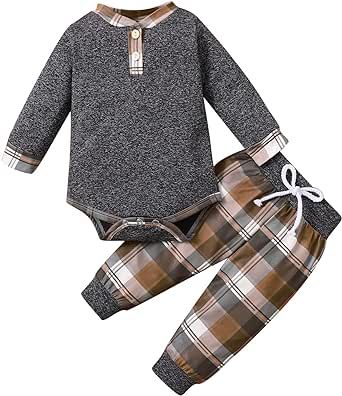 Xfglck Newborn Baby Boys Fall Winter Clothes Outfit Long Sleeve Romper + Pants Plaid Set Tracksuit