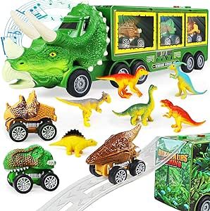 Dinosaur Toys for Kids 3-5-7, 11 in 1 Dinosaur Truck with Light, Music & Roar Sound, Dino Toddler Toys Including Toy Truck, Dinosaur Cars, Mini Dinosaur Figures & Slide, Toys for 3 4 5 6 Year Old Boys